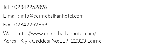 Balkan Hotel telefon numaralar, faks, e-mail, posta adresi ve iletiim bilgileri